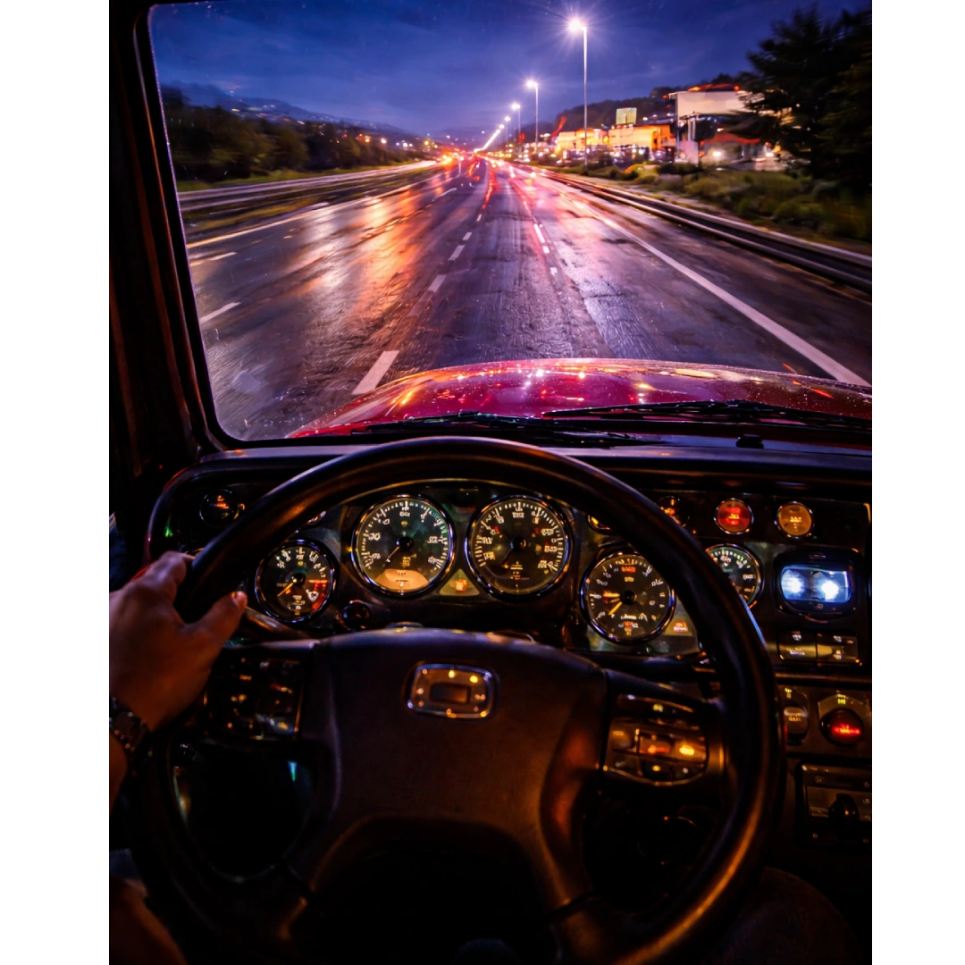 Driver view from cab at night on highway