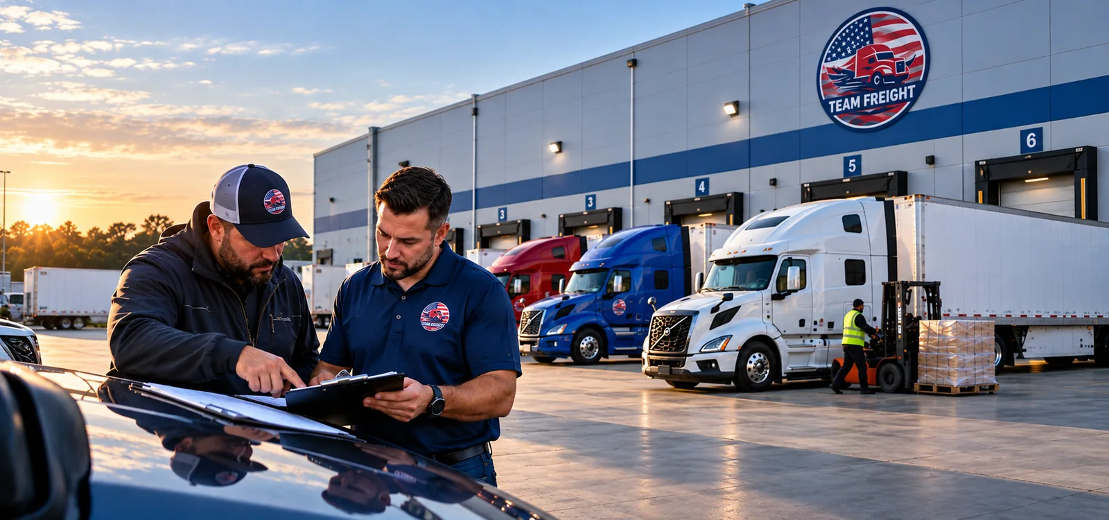 Home Carrier operations team reviewing documents at a freight terminal