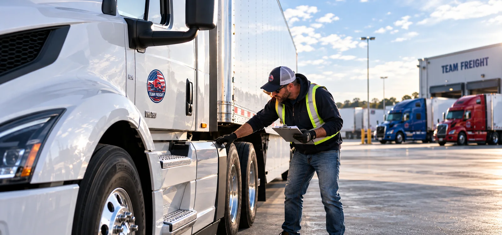 Home Professional truck driver inspecting a Team Freight truck